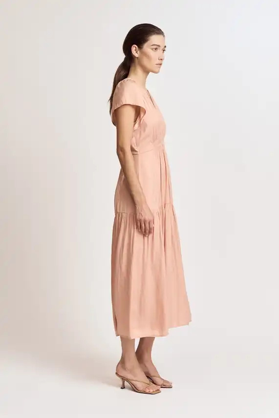 RUFFLE SATIN MIDI DRESS