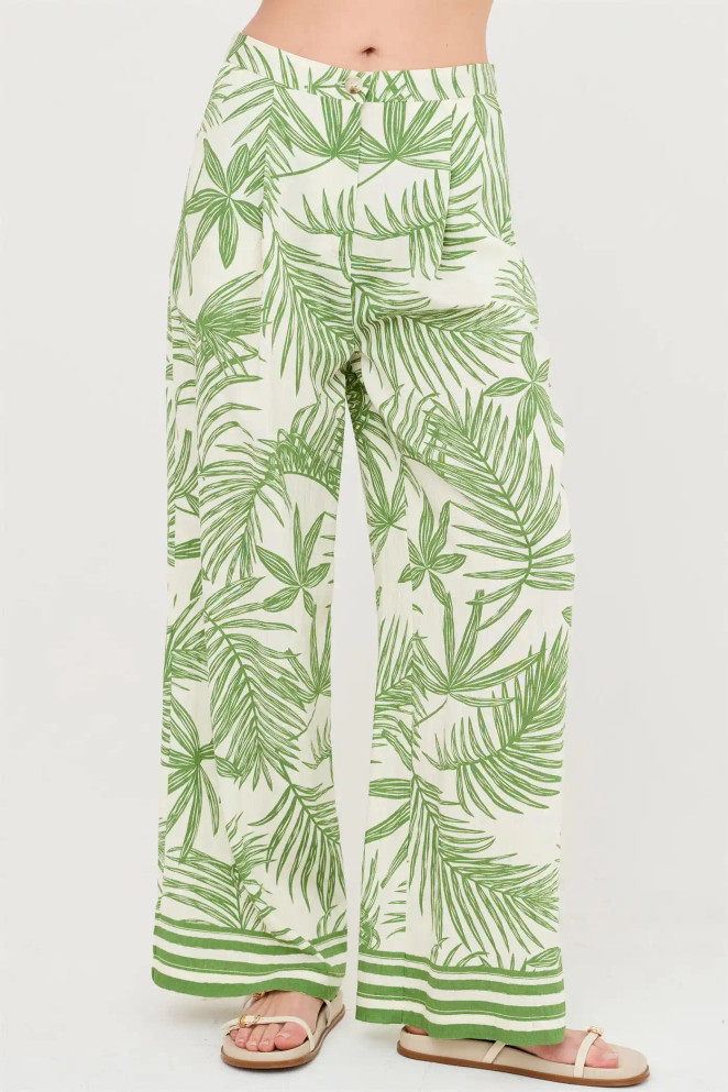LEAF PRINT WIDE-LEG PANTS