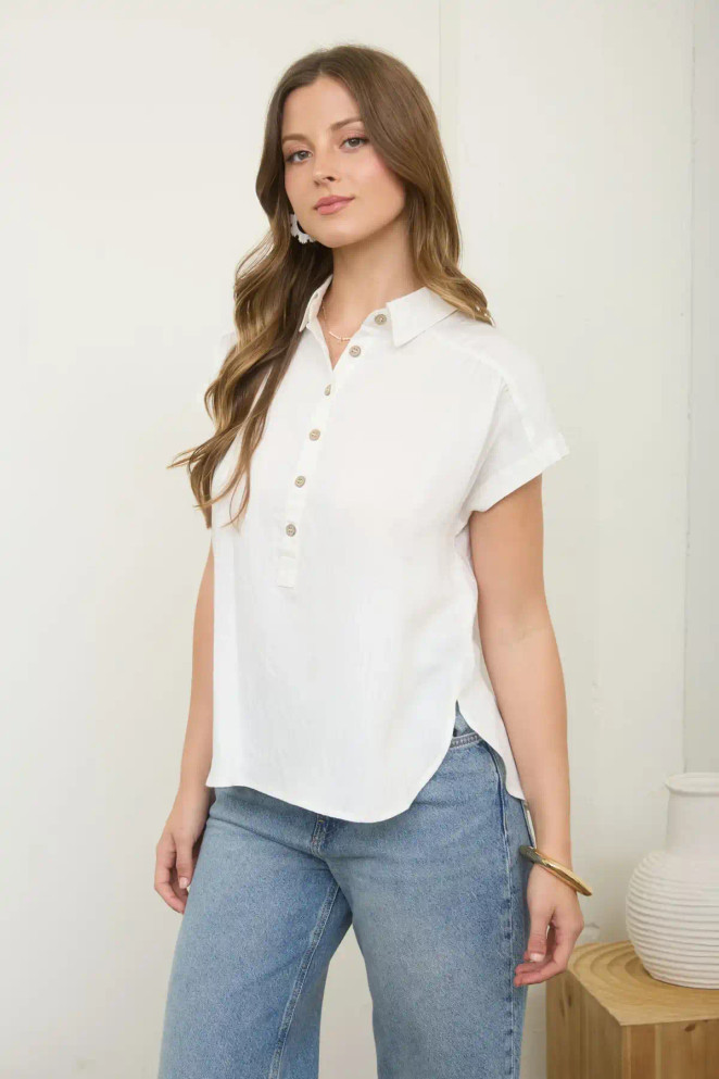 HALF BUTTON RUCHED SHOULDER TOP
