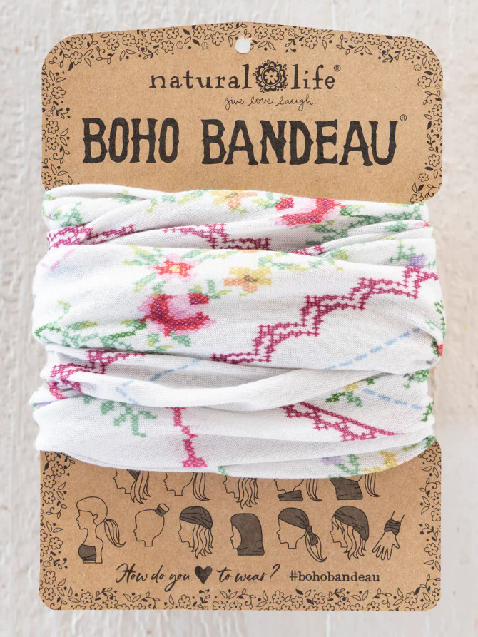 FULL BOHO BANDEAU HEADBAND -HEIRLOOM CROSS STITCH IVORY