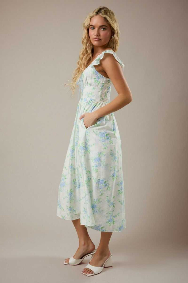 FLORAL SHORT FLUTTER SLEEVE MIDI DRESS