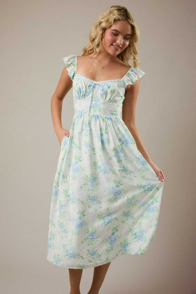 FLORAL SHORT FLUTTER SLEEVE MIDI DRESS
