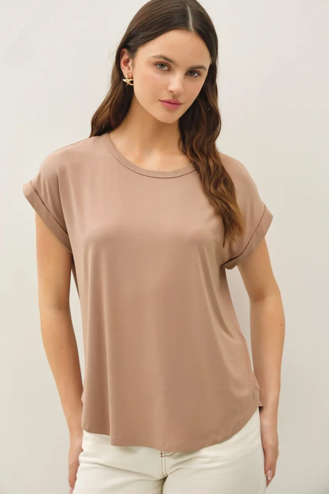 BAMBOO ROUND NECK CAP SLEEVE BASIC TOP