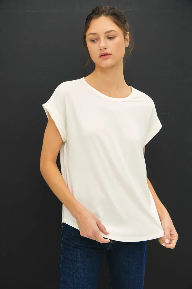 BAMBOO ROUND NECK CAP SLEEVE BASIC TOP