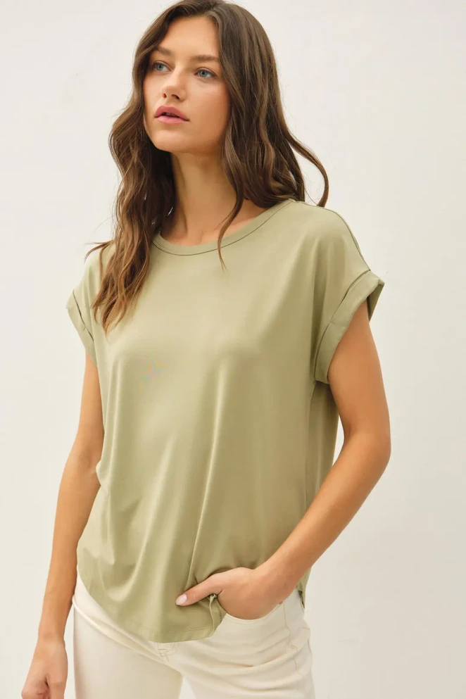 BAMBOO ROUND NECK CAP SLEEVE BASIC TOP