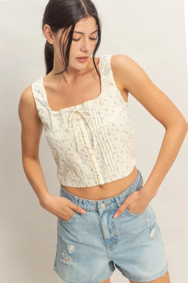 FLORAL TIE FRONT CORSET TOP