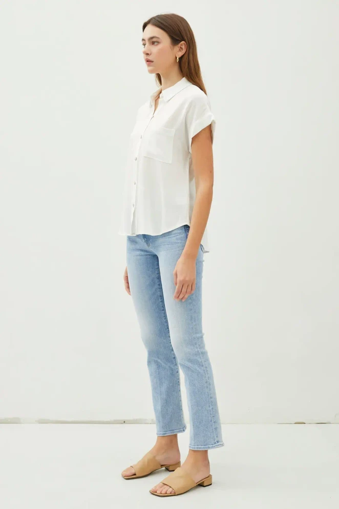 SOLID SHORT SLEEVE BUTTON DOWN HIGH LOW SHIRT