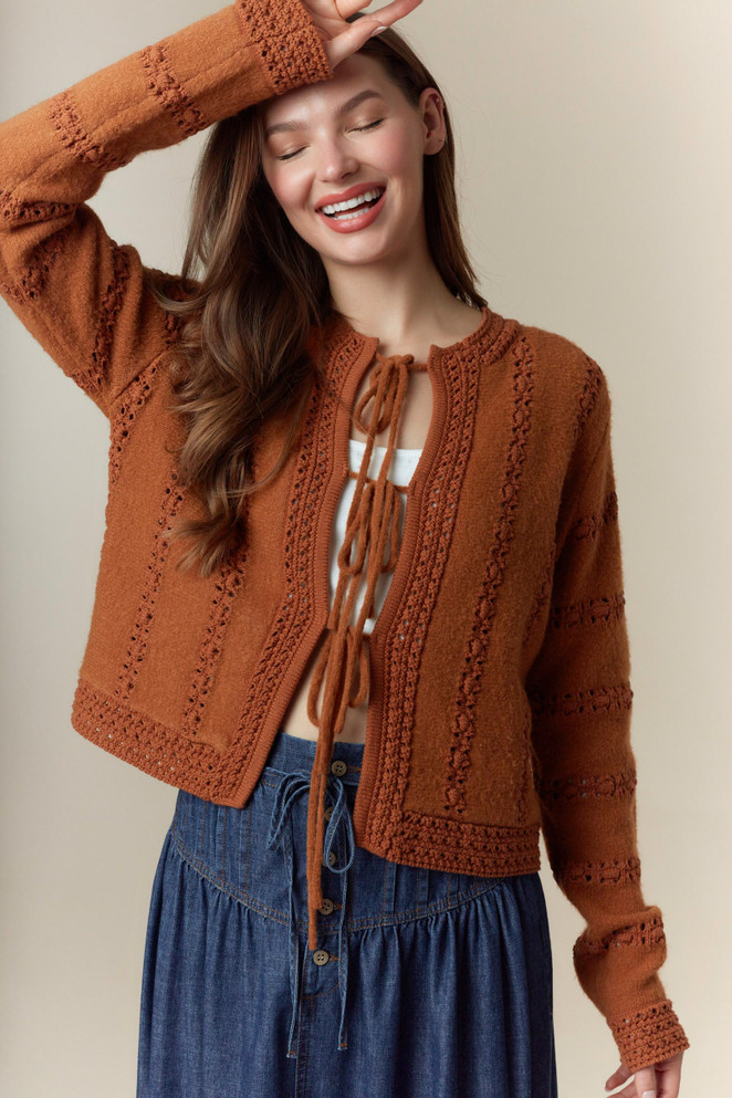 HOLE STRIPE BOWS FRONT TIE CARDIGAN