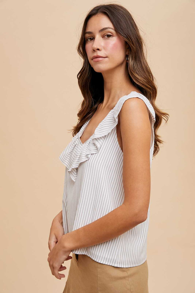 PIN STRIPE RUFFLED V NECK BLOUSE