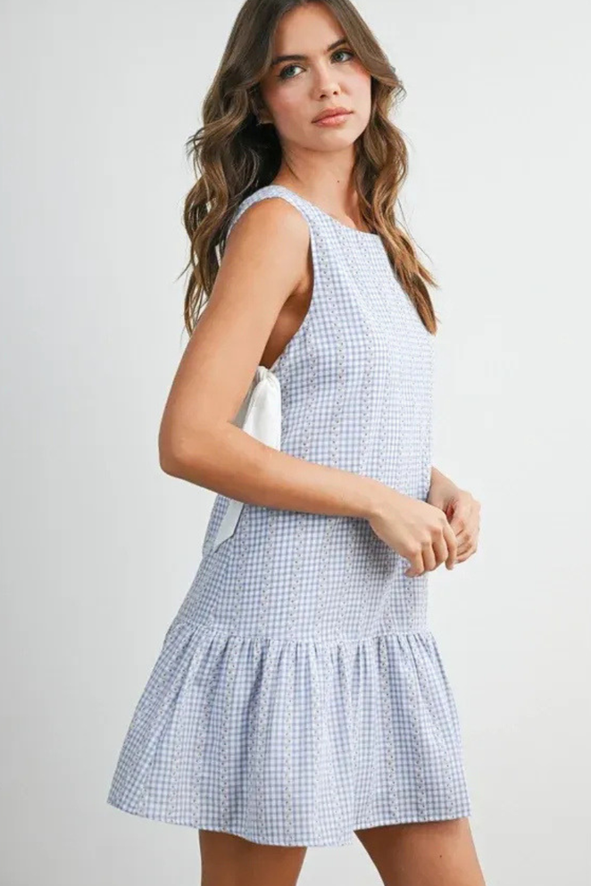 SIDE TIE GINGHAM FLOUNCE MINI DRESS