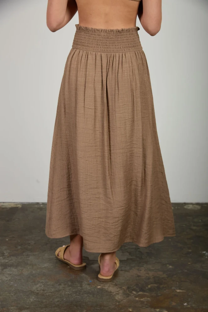 SMOCKED WAIST RUFFLE DETAIL BUTTON MIDI SKIRT