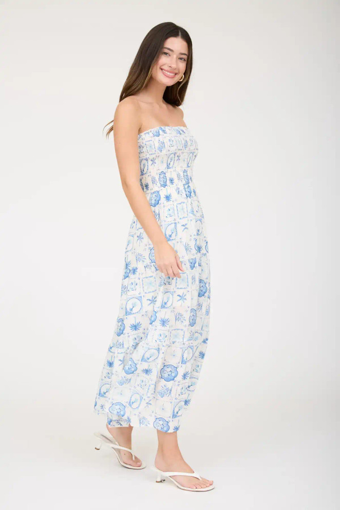 PLANT MOTIF SMOCKED STRAPLESS TIERED MIDI DRESS