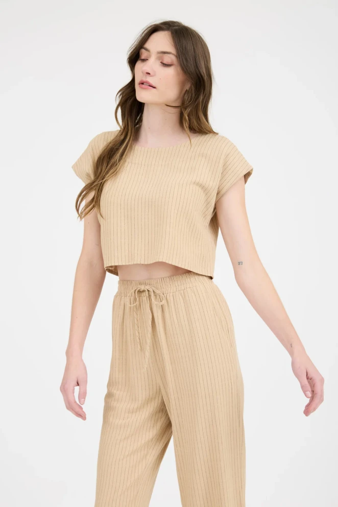 PINSTRIPE BACK BUTTON LINEN TOP