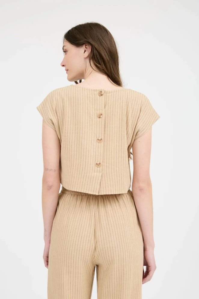 PINSTRIPE BACK BUTTON LINEN TOP