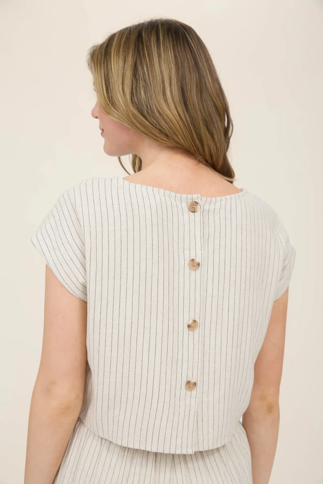 PINSTRIPE BACK BUTTON LINEN TOP