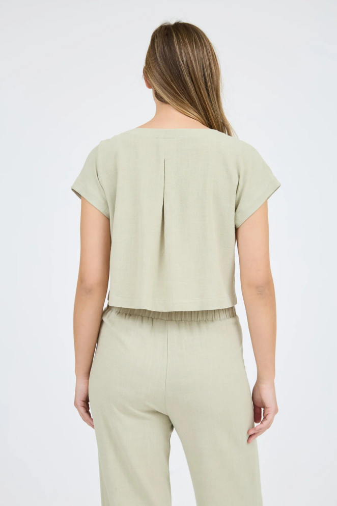SPLIT NECK SHORT SLEEVE LINEN TOP