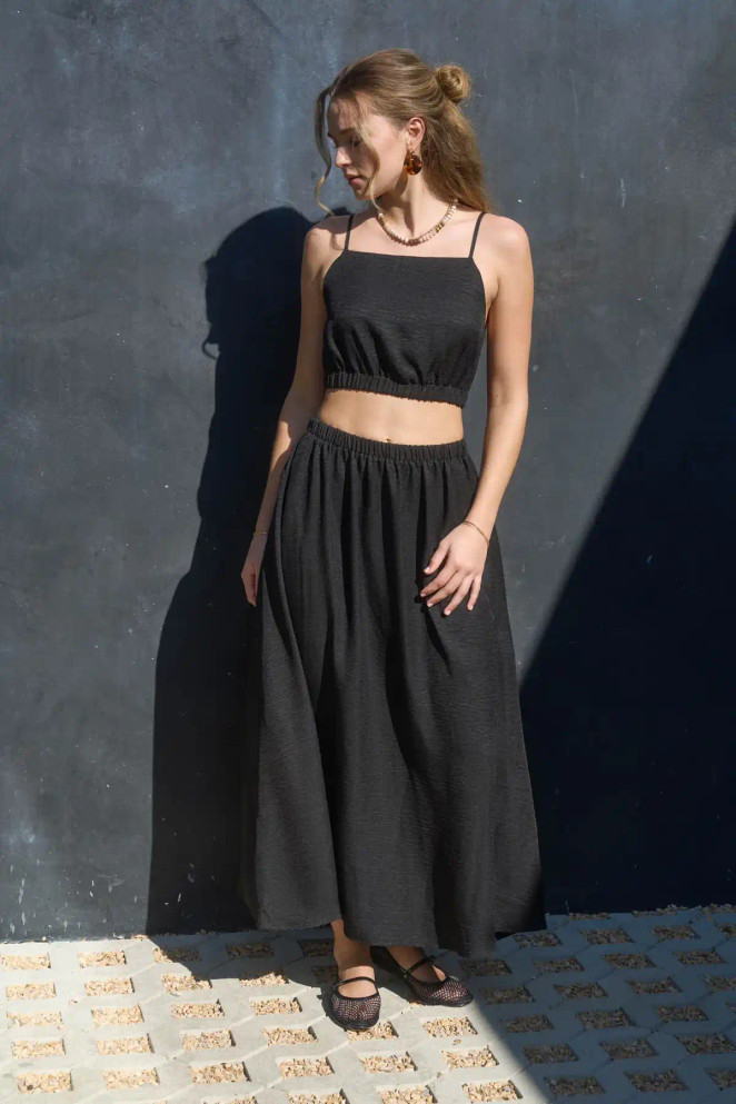 HIGH ELASTIC WAIST POCKETS MIDI SKIRT