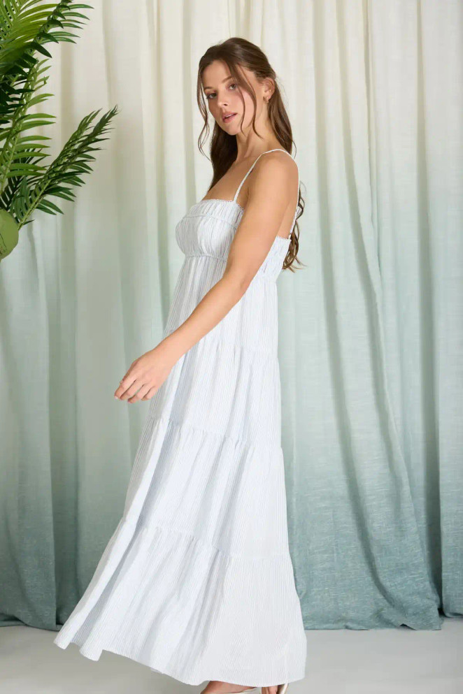 STRIPE SHIRRED EMPIRE WAIST TIERED MIDI DRESS