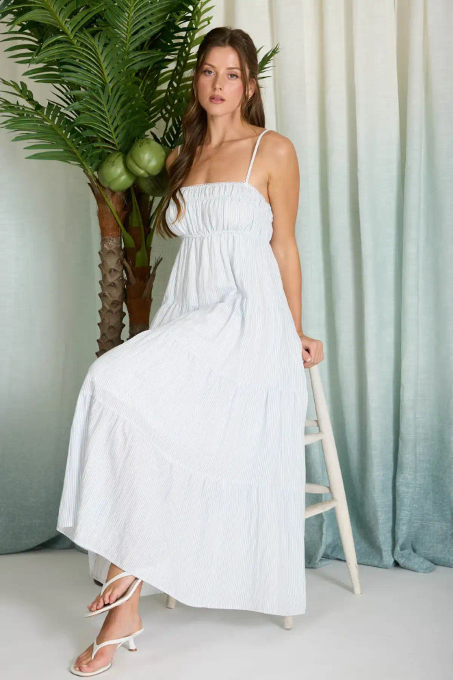 STRIPE SHIRRED EMPIRE WAIST TIERED MIDI DRESS