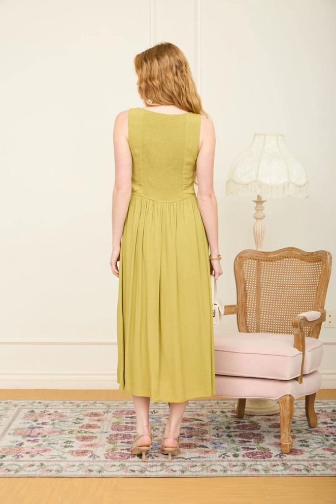 BOAT NECK BASQUE WAIST SLEEVELESS MIDI DRESS