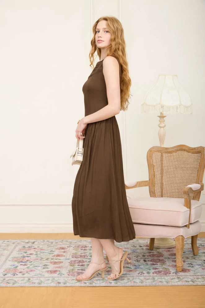 BOAT NECK BASQUE WAIST SLEEVELESS MIDI DRESS
