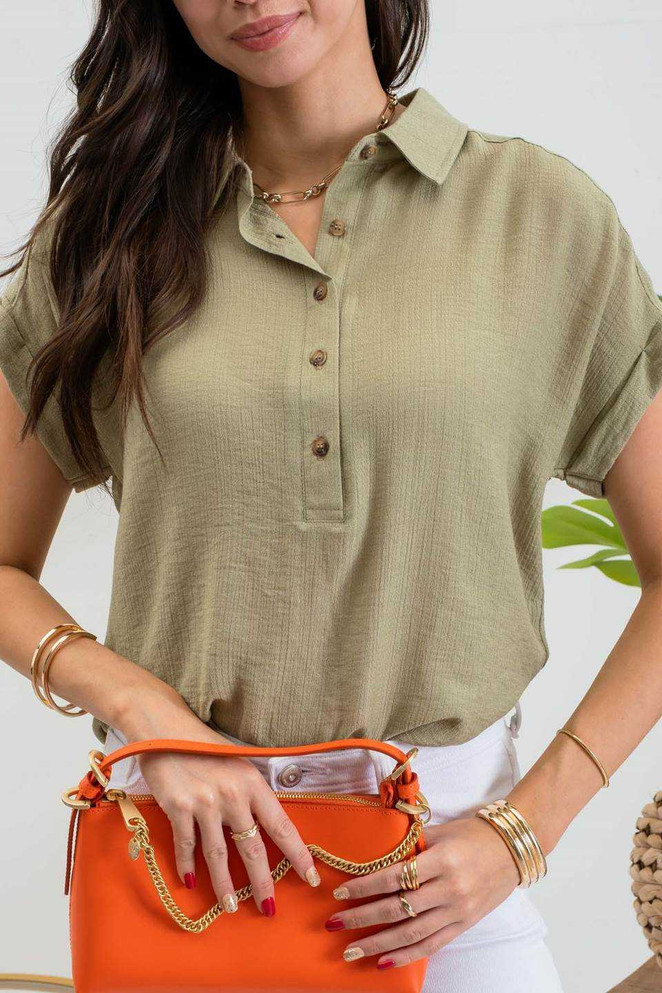 MID BUTTON DOWN CUFFED SHORT SLEEVE BLOUSE