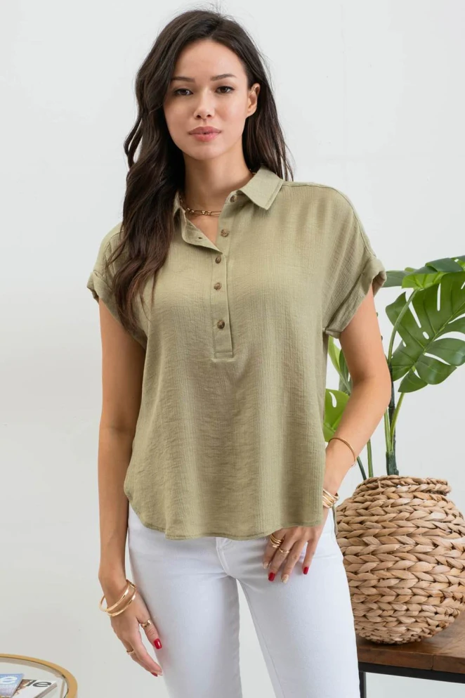MID BUTTON DOWN CUFFED SHORT SLEEVE BLOUSE