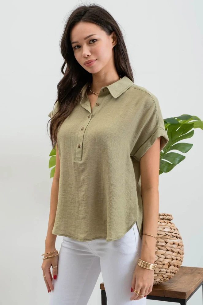 MID BUTTON DOWN CUFFED SHORT SLEEVE BLOUSE