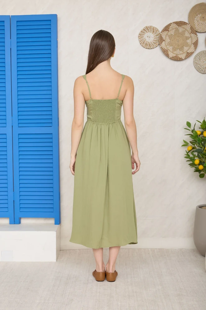 SQUARE NECK FRONT TIE CORSET DETAIL MIDI DRESS