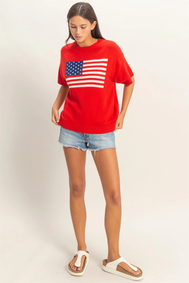 AMERICAN FLAG SHORT SLEEVE KNIT TOP