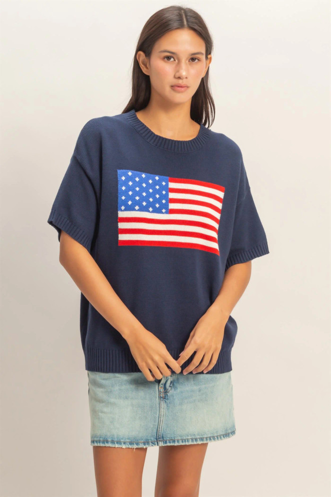 AMERICAN FLAG SHORT SLEEVE KNIT TOP