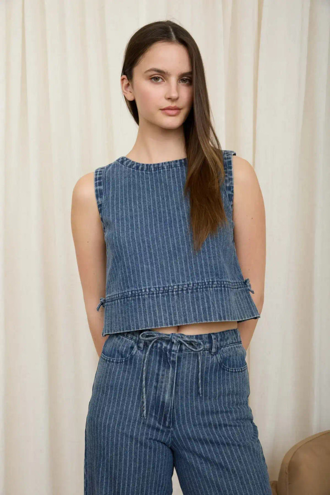 STRIPE WASHED SLEEVELESS SIDE TIE TOP
