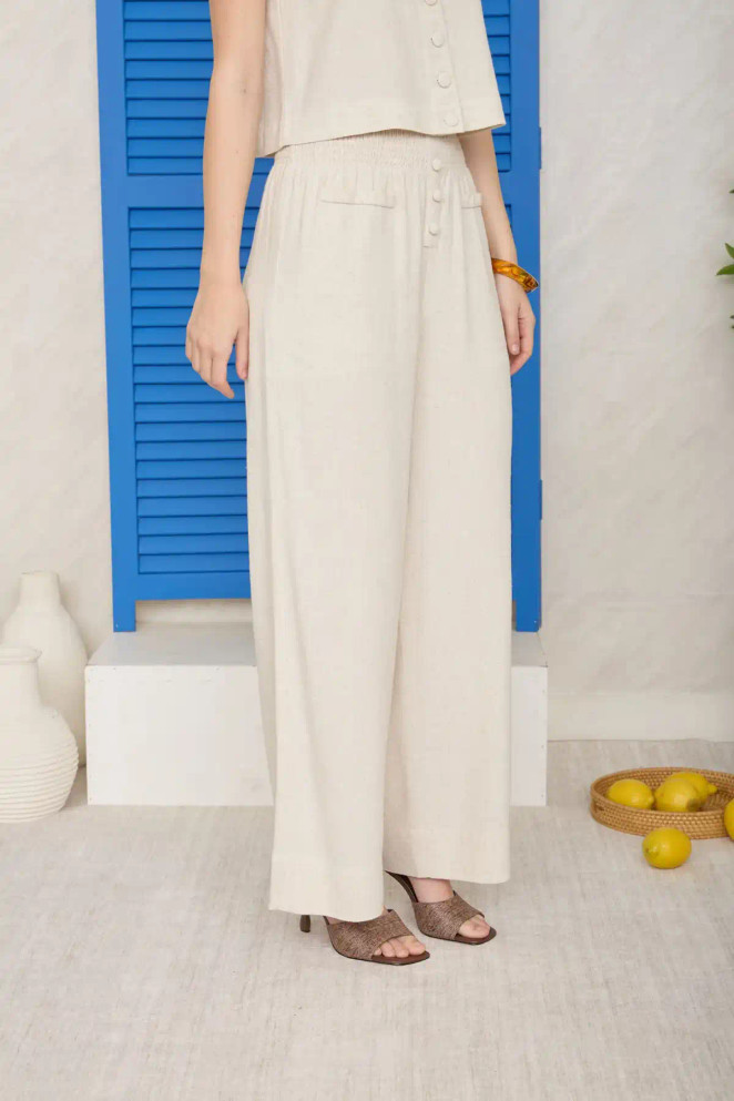 SMOCKED WAIST BUTTON DETAIL LINEN PANTS