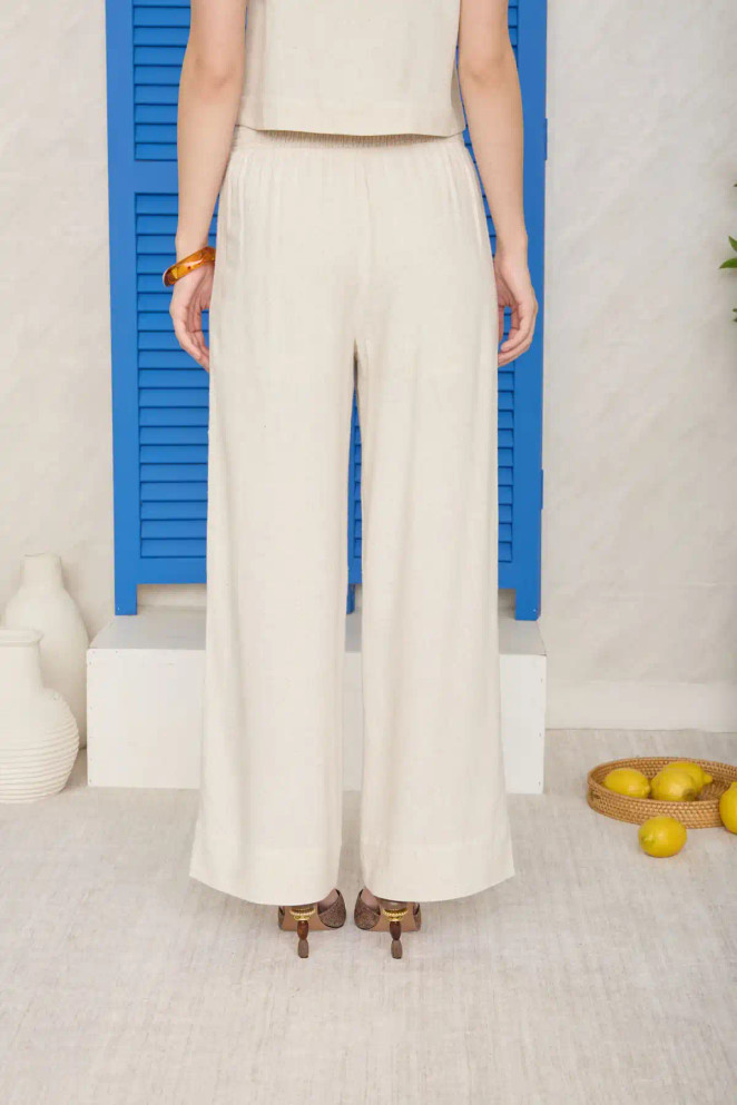 SMOCKED WAIST BUTTON DETAIL LINEN PANTS