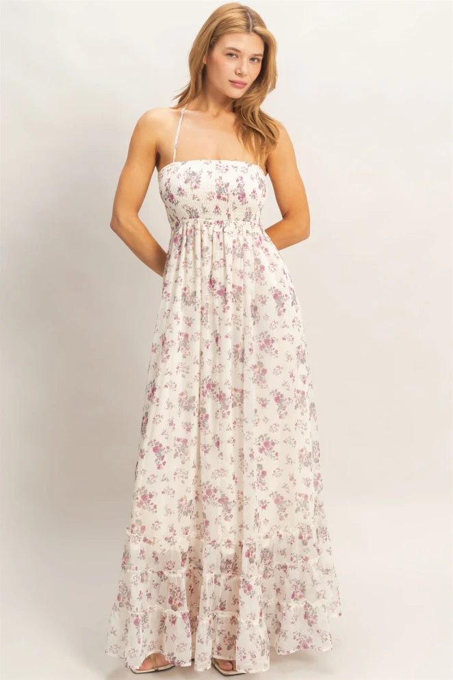 SMOCKED FLORAL OPEN BACK MAXI DRESS