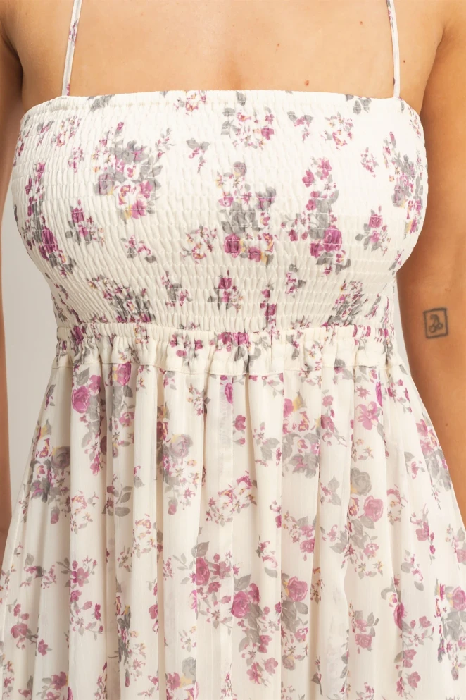 SMOCKED FLORAL OPEN BACK MAXI DRESS