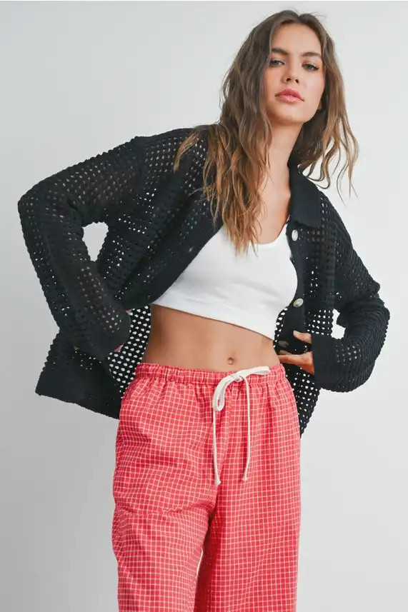 OPEN STITCH CROCHET COLLAR CARDIGAN