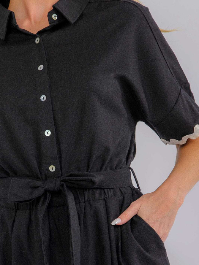 BUTTON UP TIE FRON POCKETS TRIM DETAILED ROMPER