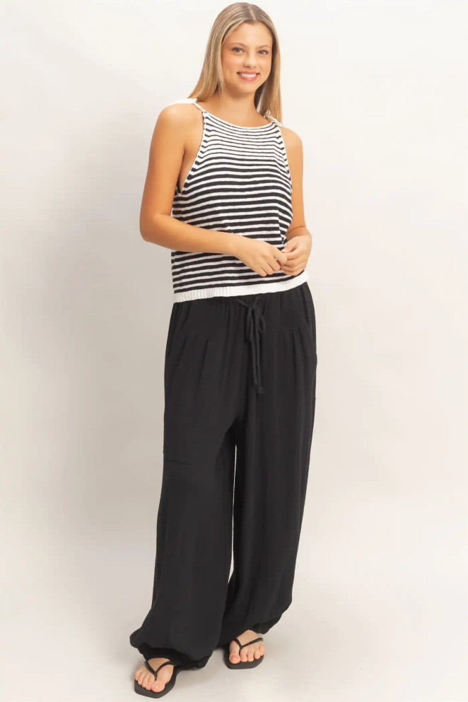 STRIPED KNIT TIE STRAP TANK TOP