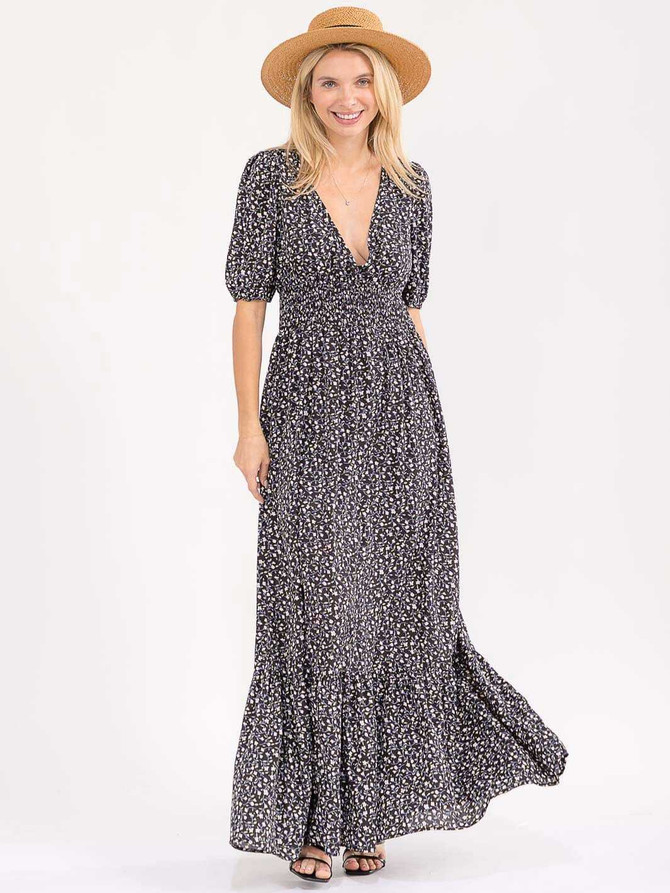 SHORT SLEEVE SURPLICE FLORAL TIERED MAXI DRESS (Updating)