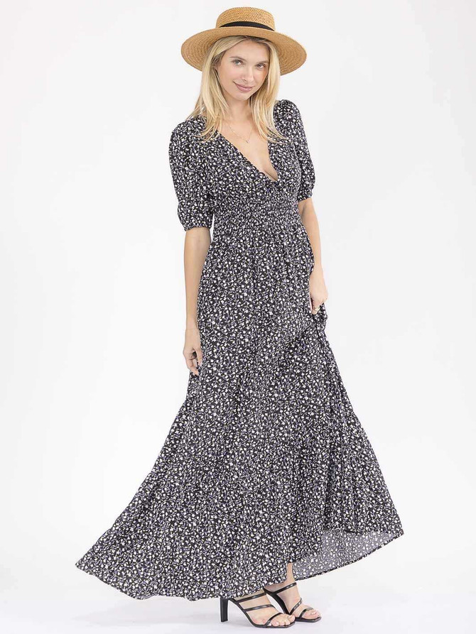 SHORT SLEEVE SURPLICE FLORAL TIERED MAXI DRESS