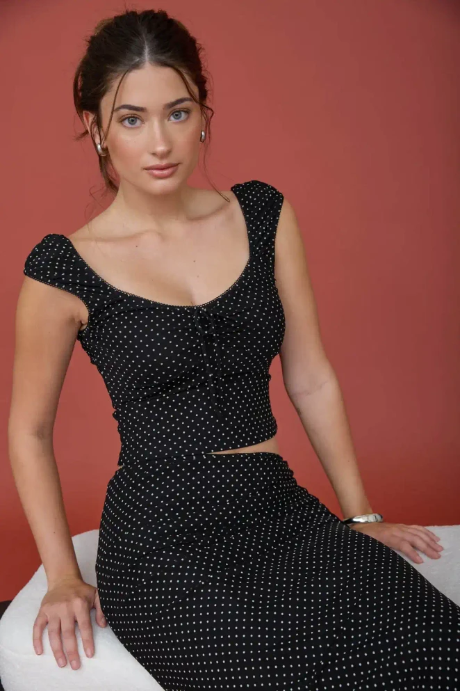 POLKA DOT FRONT TIE RUCHING TOP