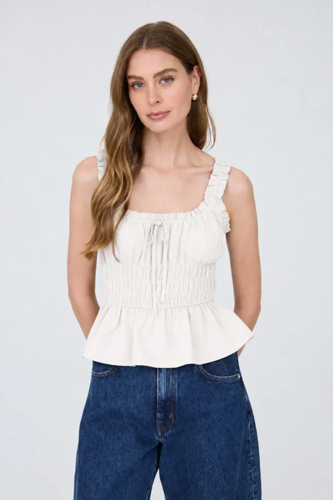 RUFFLED FRONT TIE SHIRRED WAIST TANK TOP