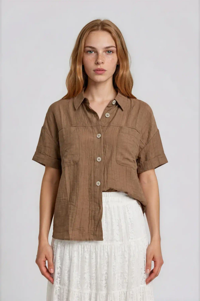 TEXTURED COLLARED BUTTON DOWN CUFF SLEEVE TOP