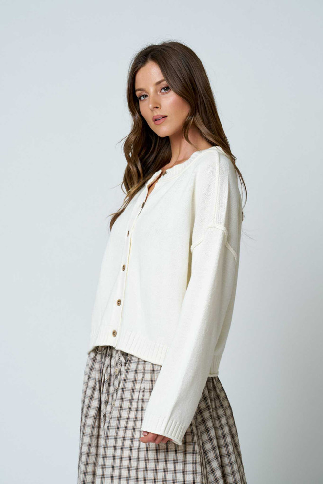 RAW EDGE EXPOSED SEAM BUTTON CARDIGAN