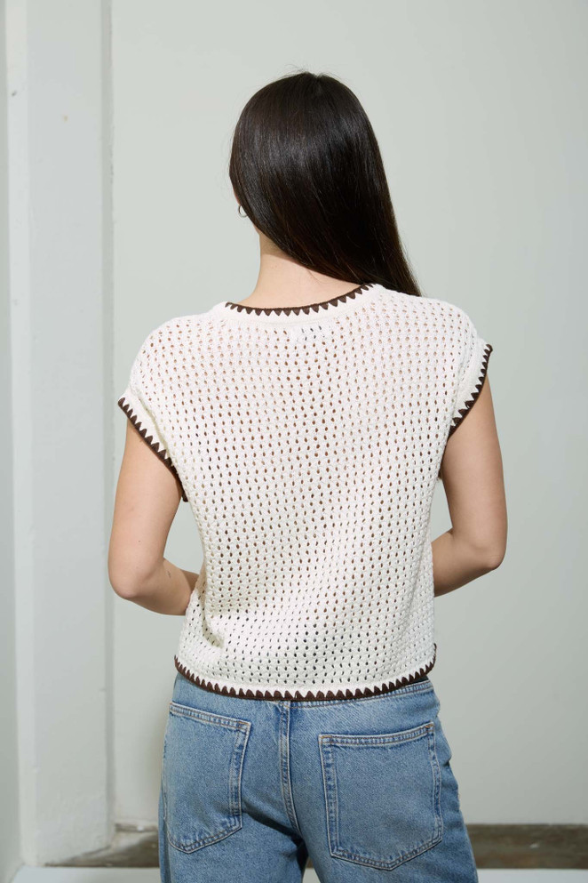 CONTRAST STITCH CROCHET SHORT SLEEVE CARDIGAN