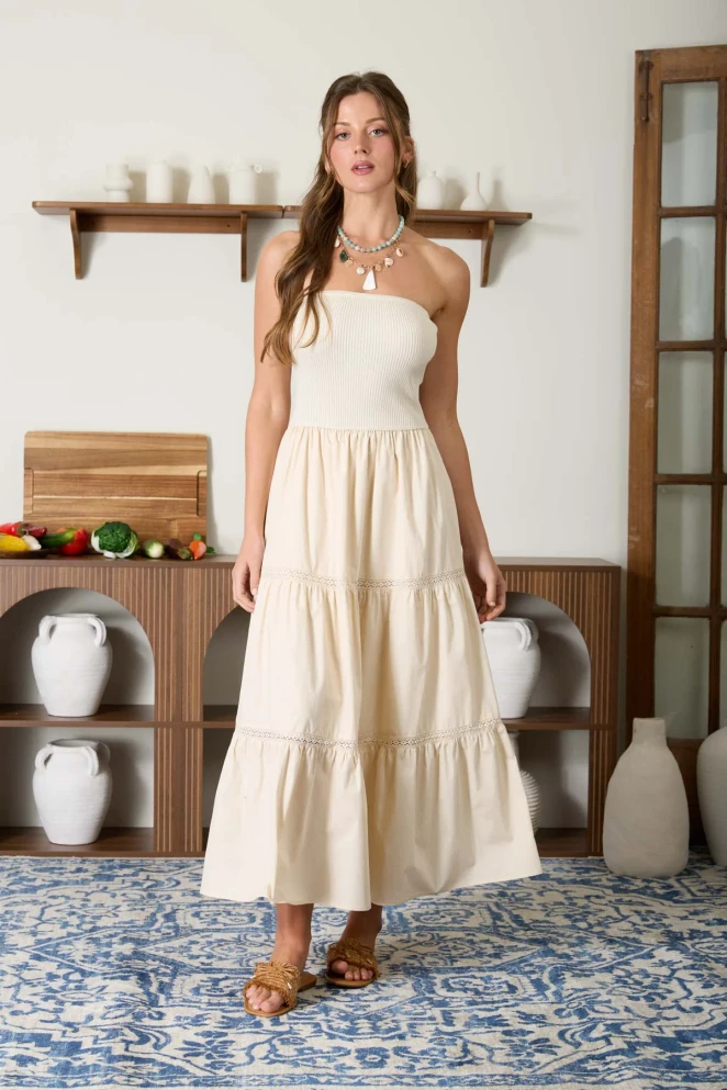 STRAPLESS MIXED MEDIA LINE LACE MIDI DRESS