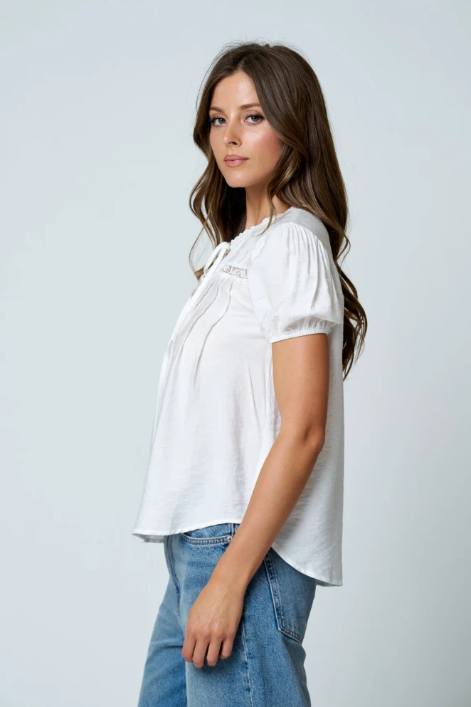 EMBROIDERED YOKE LACE TRIM PINTUCK BLOUSE