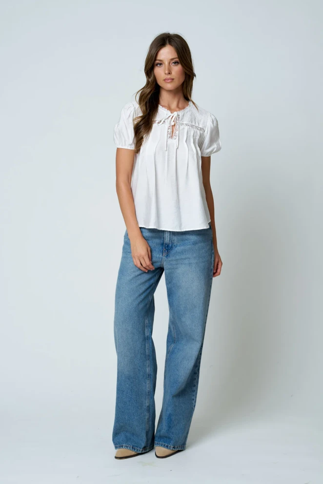 EMBROIDERED YOKE LACE TRIM PINTUCK BLOUSE