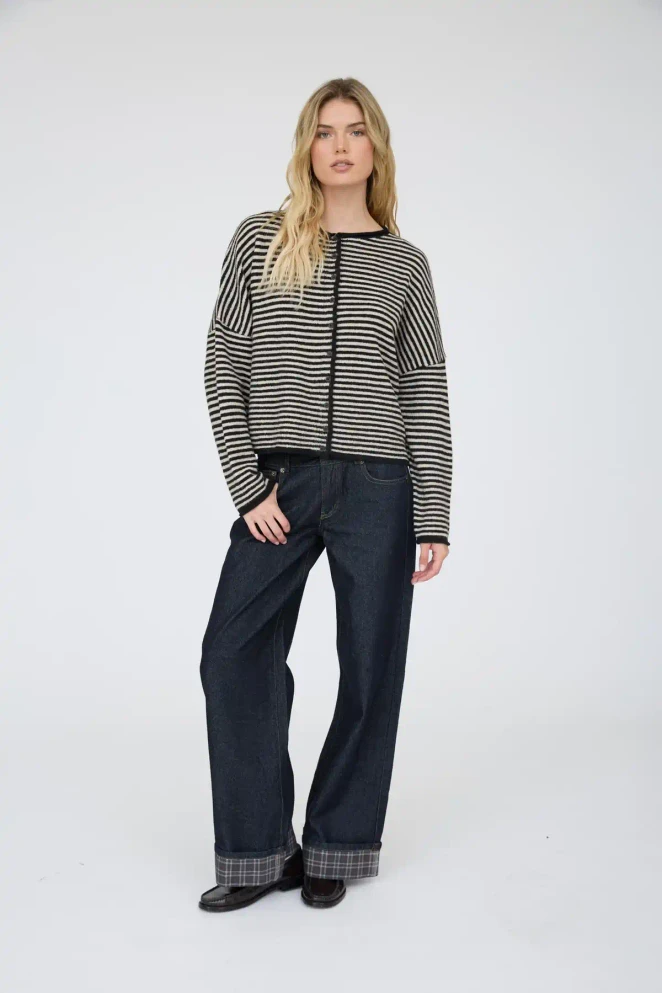 STRIPE RAW EDGE LONG SLEEVE CARDIGAN